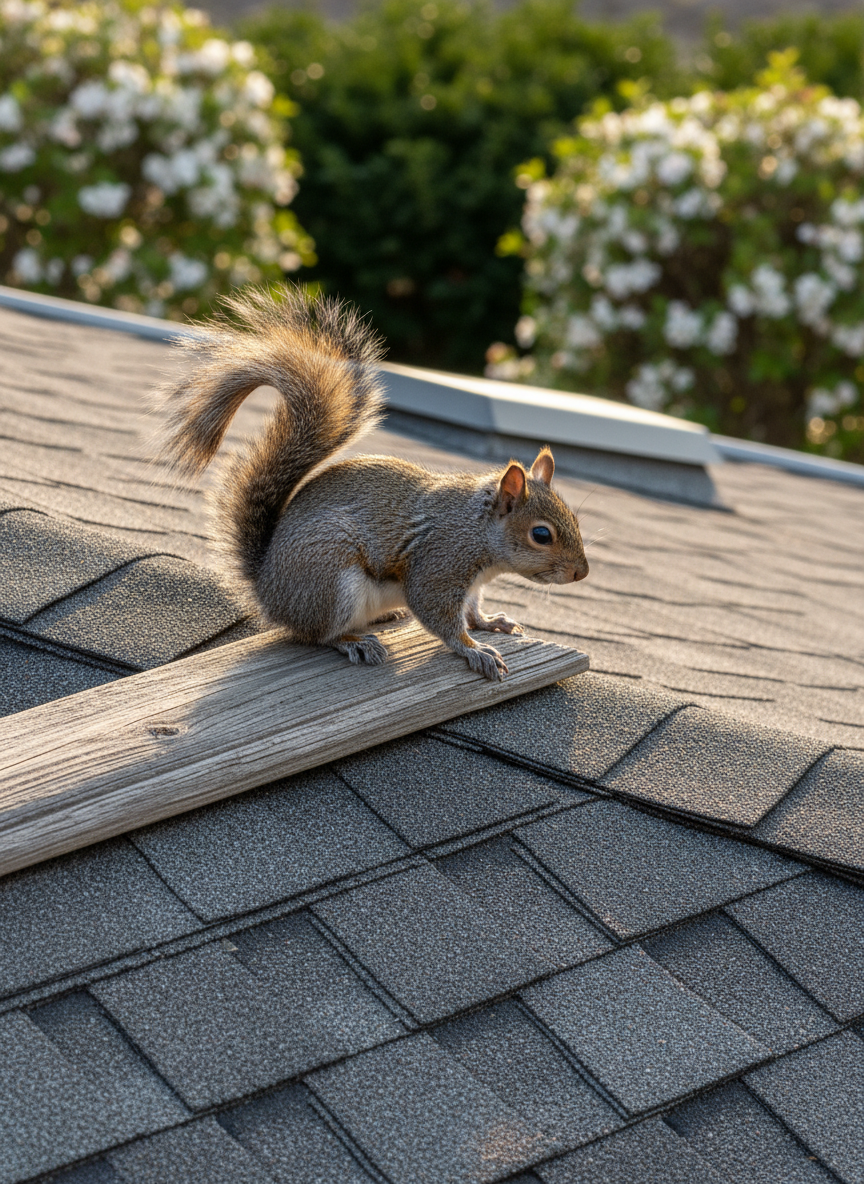 A lifelike eastern gray squirrel with soft, silvery-brown fur, bushy tail arched over its back, and tiny claws gripping the weathered wooden trim of a residential roofline. The setting includes realistic textured asphalt shingles and the subtle hint of a vent, surrounded by tidy garden shrubs in early spring bloom. Gentle early morning sunlight casts natural highlights on the squirrel's fur and creates faint, inviting shadows along the roof. The atmosphere is calm and reassuring, emphasizing harmony between wildlife and home environments. Composition features a tight, slightly elevated angle with shallow depth of field, keeping the focus crisp on the squirrel and the roof detail. The visual style is photographic realism, ensuring the image authentically illustrates how wildlife interfaces with residential spaces, reinforcing the theme of humane animal control.