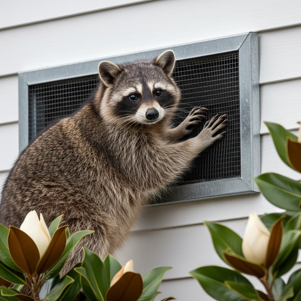 A vibrant, close-up view of a richly feathered raccoon, its distinctive black mask and dexterous paws visible as it investigates the corner of a sturdy, screened attic vent. The setting is a well-maintained suburban home exterior, with clean white siding and lush magnolia branches framing the edges of the image. Diffused overcast light provides soft illumination, reducing harsh contrasts and giving the fur a gentle sheen. The overall mood is one of curiosity and intrigue, suggesting an imminent but manageable encounter. The composition uses a centered focus with rule-of-thirds placement for the raccoon, shallow depth of field to blur the background, and maintains a clean, modern photographic aesthetic which serves to highlight the importance of exclusion and proper home maintenance in preventing animal entry.