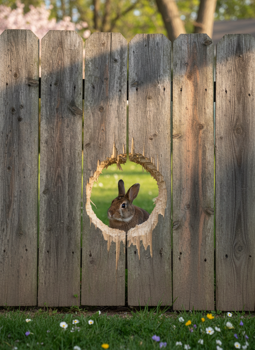A detailed depiction of a weathered wooden fence with an intricately gnawed opening near its base, evidence of access by a small brown rabbit. The setting includes a hint of green lawn and scattered spring wildflowers just beyond the fence, suggesting a suburban backyard. Afternoon sunlight filters through nearby trees, creating dappled patterns of light and shadow across the fence's textured surface and the softly blurred grass. The mood is gentle and slightly whimsical, emphasizing coexistence and the importance of exclusion barriers. Framed in an eye-level composition with sharp focus on the gnawed entrance, the image uses photographic realism and a naturalistic, inviting style appropriate for community education on humane animal control.